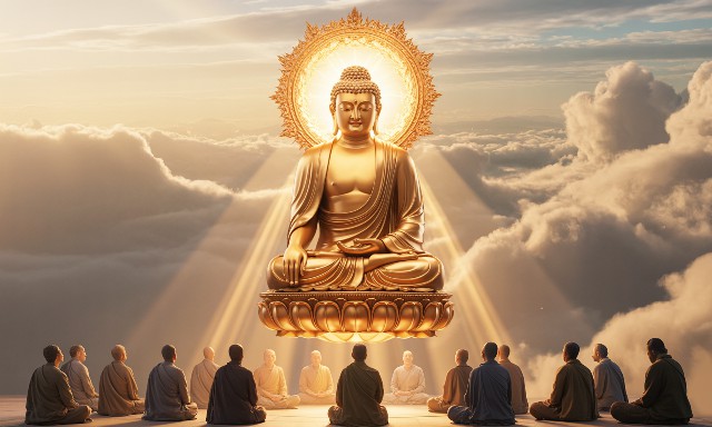 藥師佛本尊法觀想：藥師佛在空中放光加持信徒