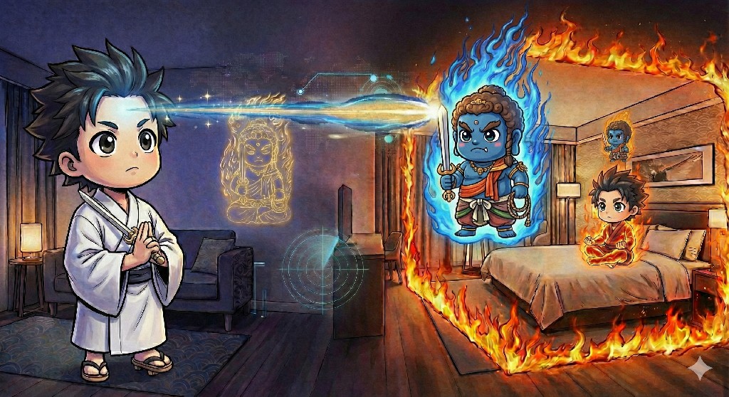 不動明王遠端結界與遠端護身圖：行者施法請明王正在守護行者家人