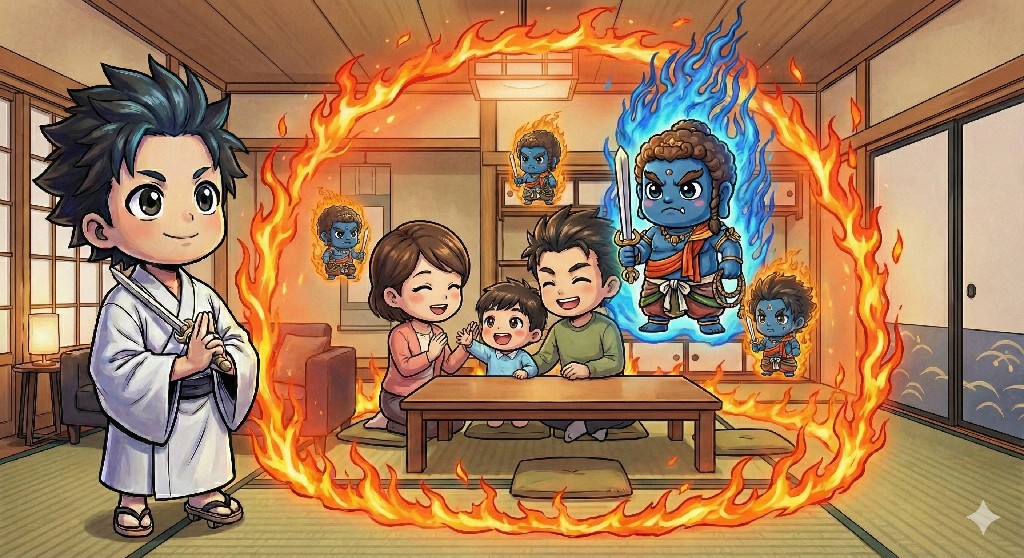 不動明王遠端結界與遠端護身圖：明王正在守護行者家人的畫面